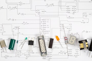 Different electronic parts or components on pcb wiring scheme with resistors, capacitors, diode and...