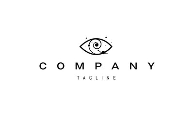 Vector logo on which an abstract image of the eye with a spiral and planets and stars.