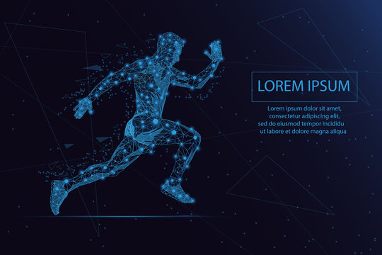 Abstract wireframe running man form lines and triangles, point connecting network on dark blue background. Illustration vector