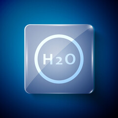 White Chemical formula for water drops H2O shaped icon isolated on blue background. Square glass panels. Vector Illustration.