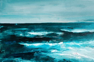 Abstrakter Ölgemäldehintergrund. Öl auf Leinwandstruktur. Handgezeichnetes Ölgemälde. Farbtextur. Fragment des Kunstwerks. Pinselstriche der Farbe. Meer. Ozean. Wasser. Fluss. Moderne Kunst. Zeitgenössische Kunst © Arteria|lab