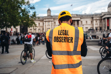 Black Lives Matter protest during lockdown coronavirus pandemic. Legal Observer at Trafalgar square