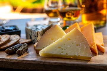 Whiskey and cheese pairing, tasting whisky glasses and plate with sliced cheeses