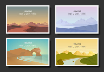 Landscapes vector set, flat style. Natural wallpapers are a minimalist, polygonal concept.