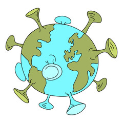 Cartoon world captured by corona virus vector illustration