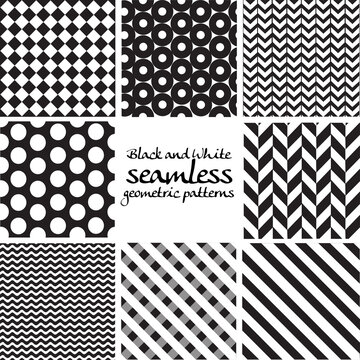 Set of black and white seamless geometric patterns