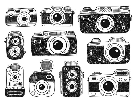 Big collection of Photo Cameras elements. Hand drawn doodles. Vector illustration.