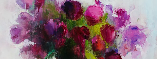 Schilderijen op glas Geschilderde Bloemen Abstract painting background. Flowers painting. Oil on canvas texture. Hand drawn oil painting.Color texture. Fragment of artwork. Modern art. Contemporary art. Colorful canvas  © Arteria|lab