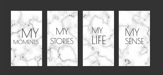 Graphic Template Set for Life Stories Design, White Marble Background with Black Cracks, Vector