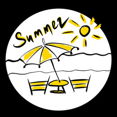 The view of the beach. Contour illustration of two sun beds with a sun umbrella and sea