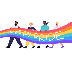 Different people marching together holding pride flag. Pride month concept