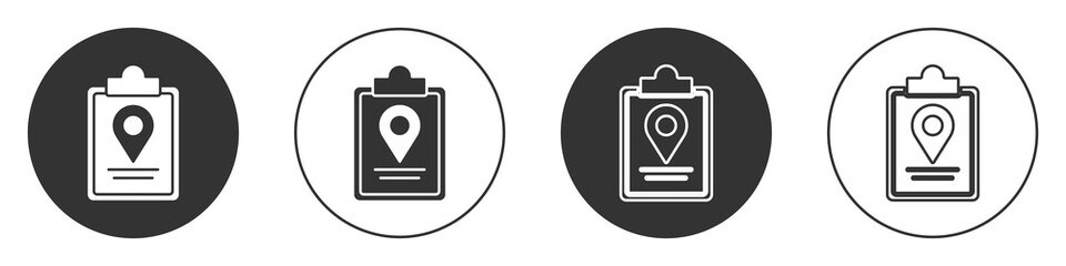 Black Folded map with location marker icon isolated on white background. Circle button. Vector Illustration.
