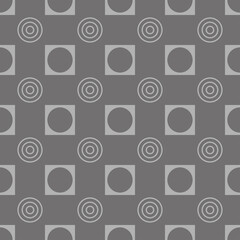 Pattern from circles and squares on grey seamless background.