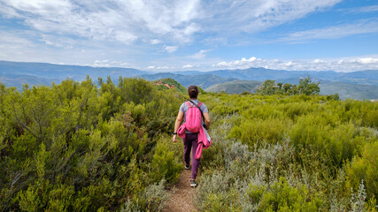 adventure explore woman walking on the path, Sportive woman explore along a meadow road