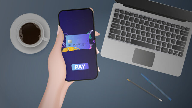 Hand holds phone with payment application. Payment button. Credit card, gold coins, dollars, laptop, keyboard, cup of coffee, pen and pencil. The concept of online stores, payment and cashback. Vector