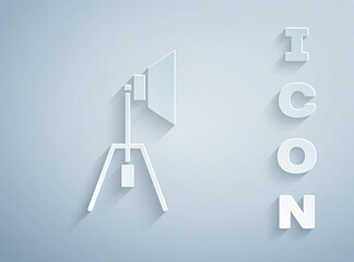 Paper cut Movie spotlight icon isolated on grey background. Light Effect. Scene, Studio, Show. Paper art style. Vector Illustration.