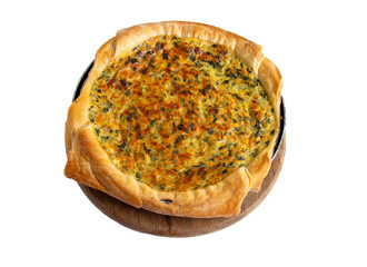 Top view of delicious flat cake with onions and cheese. Cheese pizza with vegetables isolation on white background.