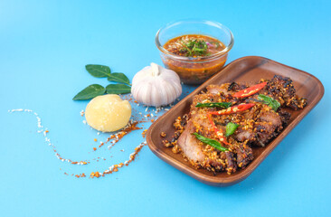 Deep Fried Pork mix spicy thai herbs with spicy dipping, Savory Snack Menu or Thai Food