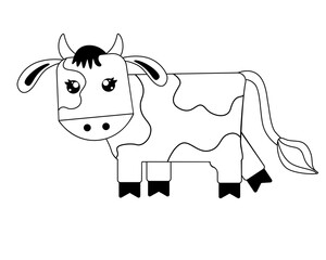 Bull - stylized children`s vector illustration. The bull is the symbol of 2021. The calf is a cute linear picture for coloring. Outline. Spotted cow - pet for coloring.