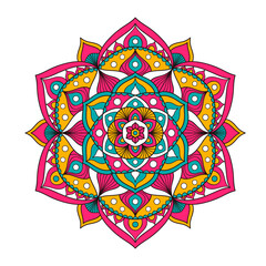 Vector hand drawn doodle mandala. Ethnic mandala with colorful ornament. Isolated on white background. Bright colors: pink, yellow, green. - 357643382