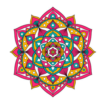 Vector hand drawn doodle mandala. Ethnic mandala with colorful ornament. Isolated on white background. Bright colors: pink, yellow, green.