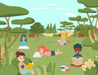 Kid children character read book in national natural park, kid relax outdoor place concept cartoon vector illustration. School and university day, group female sitting urban garden study. - 357643505