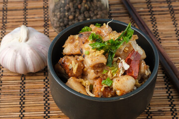 Fried chicken with garlic and pepper with rice. Thai Dish.