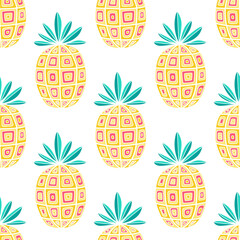 Vector seamless pattern with pineapples. Hand drawn fruits on white background. Illustration io flat style.