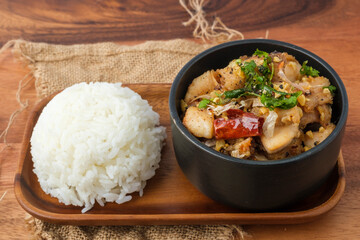 Fried chicken with garlic and pepper with rice. Thai Dish.