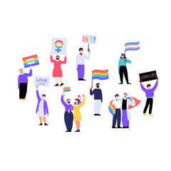 Different people wearing face masks marching on the pride parade holding placards and flags. Pride month during covid-19 pandemic