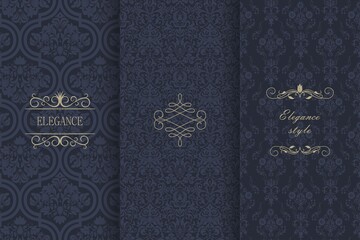 Set of Vintage seamless damask pattern. Template greeting card, invitation and advertising banner, brochure. Collection of design elements, labels, icon, frames for packaging, design of luxury product