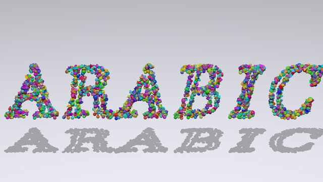 arabic written in 3D illustration by colorful small objects casting shadow on a white background
