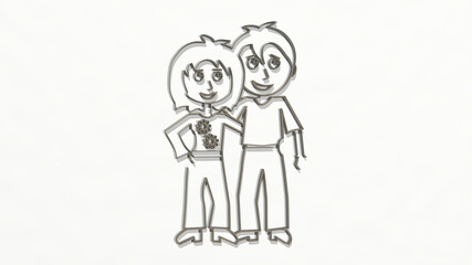  from a perspective on the wall. A thick sculpture made of metallic materials of 3D rendering