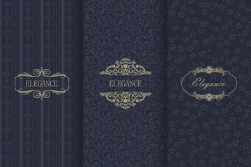 Fototapeta premium Set of Vintage seamless damask pattern. Template greeting card, invitation and advertising banner, brochure. Collection of design elements, labels, icon, frames for packaging, design of luxury product