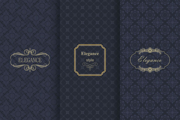Fototapeta premium Set of Vintage seamless damask pattern. Template greeting card, invitation and advertising banner, brochure. Collection of design elements, labels, icon, frames for packaging, design of luxury product