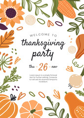Thanksgiving party invitation for November 26th with text surrounded in a frame of seasonal autumn vegetables, colored vector illustration