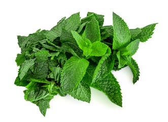 Chopped Fresh spearmint leaves isolated on the white background. Mint, peppermint close up.