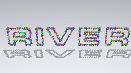 Colorful 3D writting of RIVER text with small objects over a white background and matching shadow