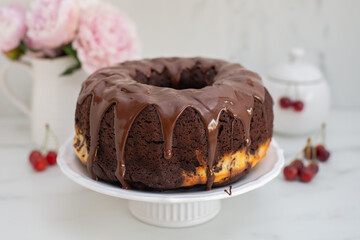 chocolate cherry sponge cake with chocolate frosting