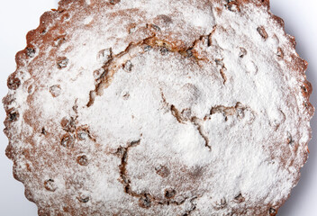 Tasty homemade pie on white background.
