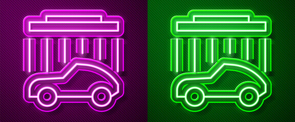 Glowing neon line Car wash icon isolated on purple and green background. Carwash service and water cloud icon. Vector Illustration.