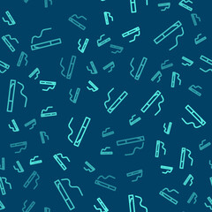 Green line Cigarette icon isolated seamless pattern on blue background. Tobacco sign. Smoking symbol. Vector Illustration.