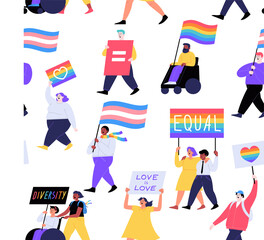 Seamless pattern. Different people marching on the pride parade holding placards and flags. Pride month concept