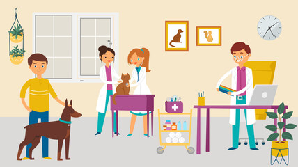 Modern veterinary surgeon, doctor care animal dog cat, character male female vet physician help domestic creature cartoon vector illustration. Medical examination room, design room health therapy.