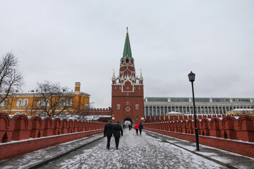 Moscow / Russia - February 17, 2017:  Troitskiy Bridge, Kremlin where is an entrance to Kremlin for tourist.  - 357647316