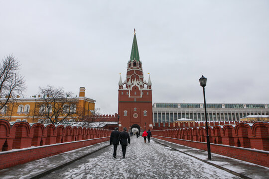 Moscow / Russia - February 17, 2017:  Troitskiy Bridge, Kremlin where is an entrance to Kremlin for tourist. 