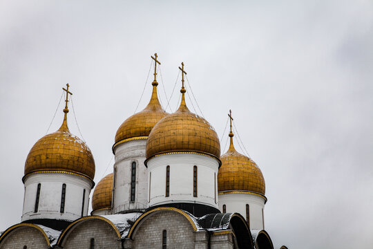Moscow / Russia - February 17,  2017: Dormition Cathedral where is famous for tourist and located in Kremlin Palace with beautiful gold dome.