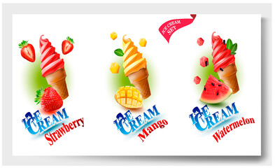 3d.Set of Ice cream Waffle Cone.Mango. Watermelon. Strawberry. Waffle Cone with soft creamy ice cream on white background. Vector.