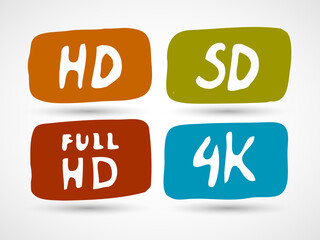 HD label set. SD, HD, Full HD, 4K collection icons. Hand drawn doodle cartoon style. Vector fun hipster illustration. Design for your poster, banner, flyer, logo or label