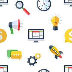 Flat design seamless pattern for web design, SEO development, services, programming and marketing applications.
